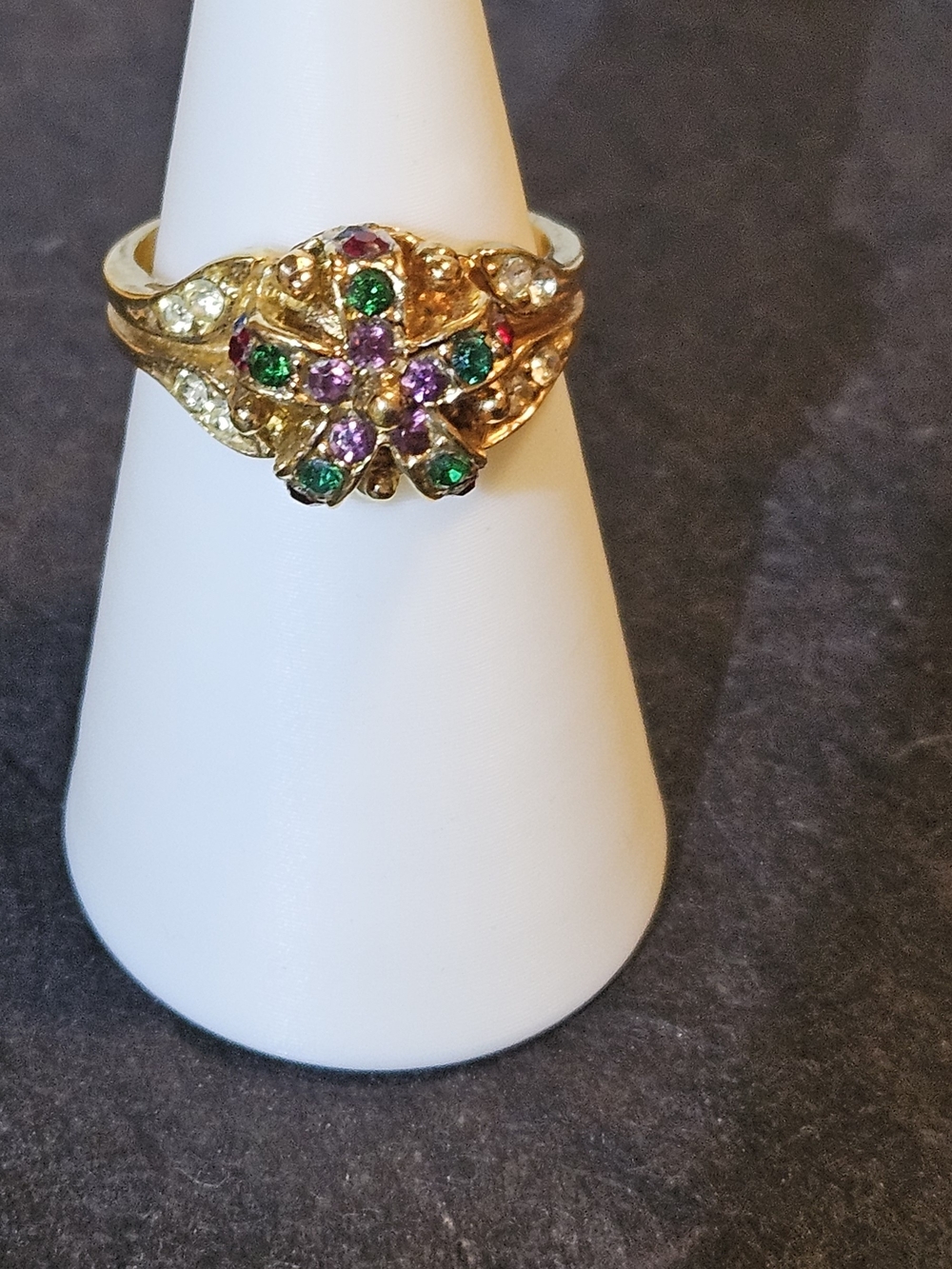 J. Lindeberg Gold Floral Crown Ring with Green, Purple & Red Stones. Size 8